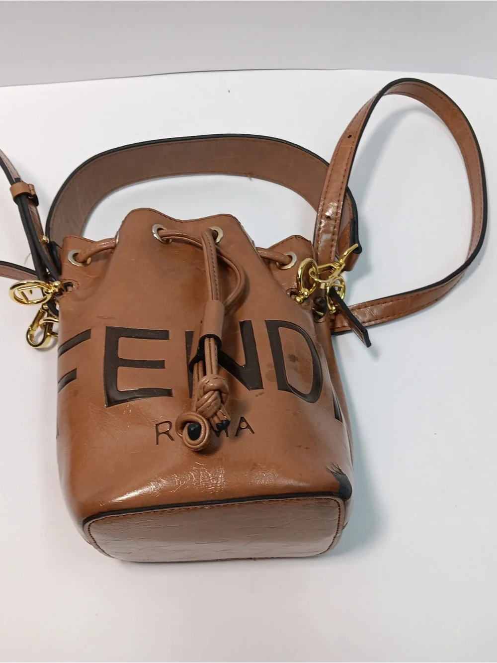 Fendi Tan Leather Logo Drawstring Crossbody Bag